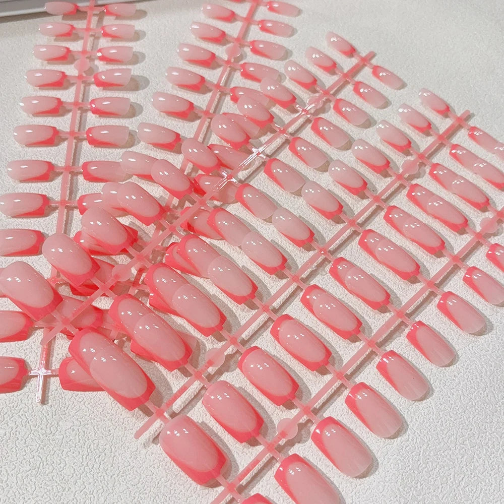 MingLee Glossy French Tip Press On Nails — Medium Square Acrylic False Nails
