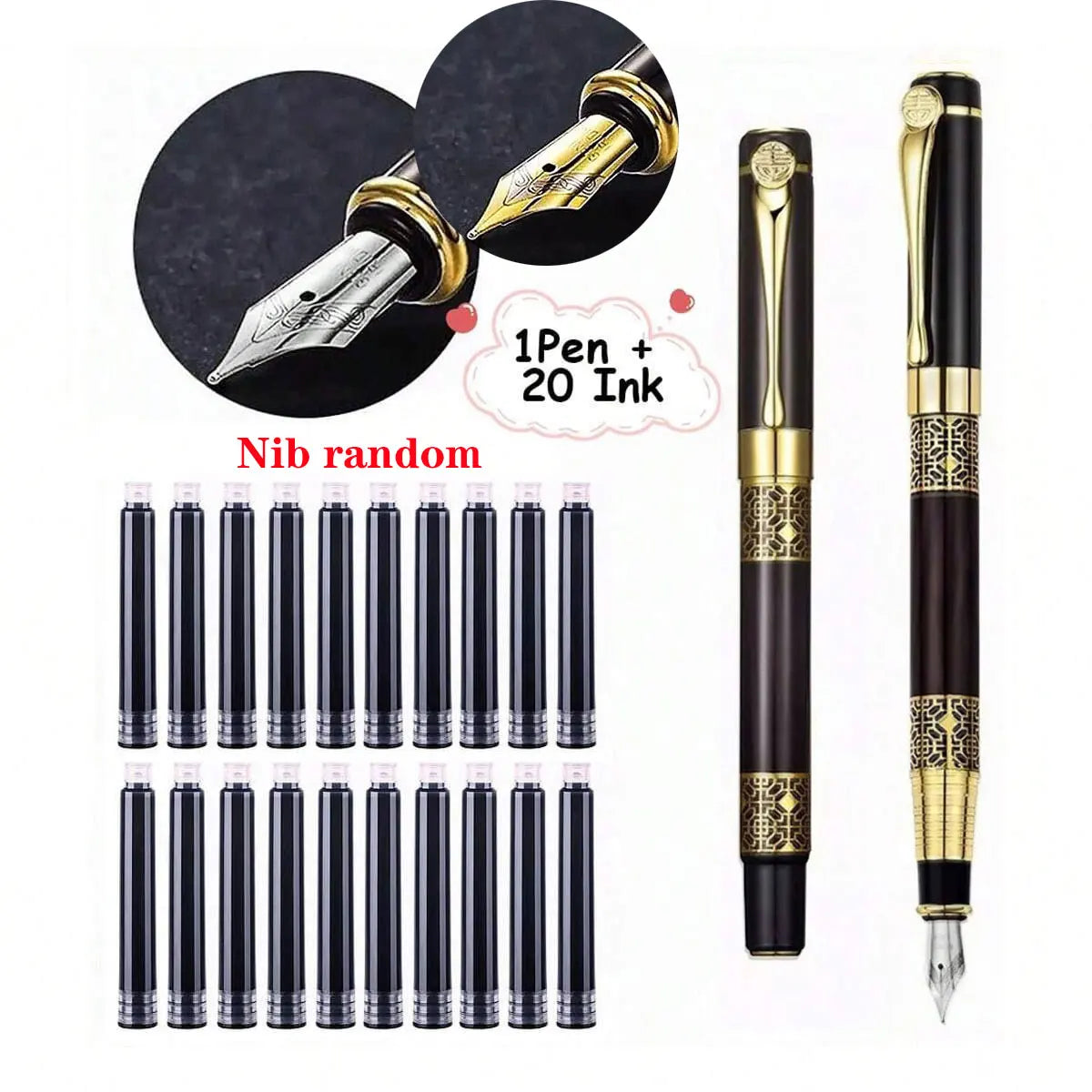 Retro Metal Fountain Pen — Elegant Writing Instrument with Wood Texture