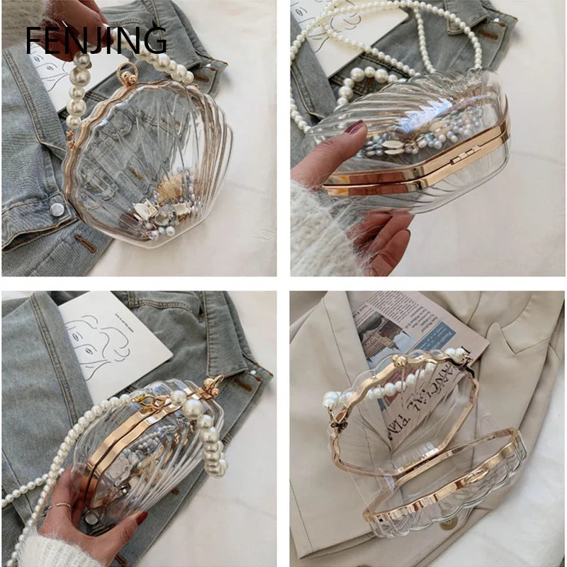 FENJING Transparent Shell Evening Bag — Pearl Chain Clutch & Crossbody Purse