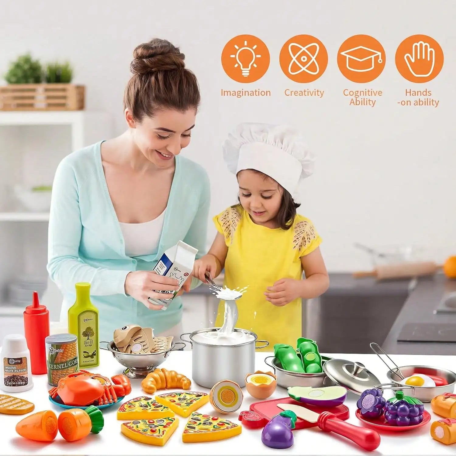 52-Piece Toddler Pretend Kitchen Set — Realistic Stainless Steel Cookware & Play Food