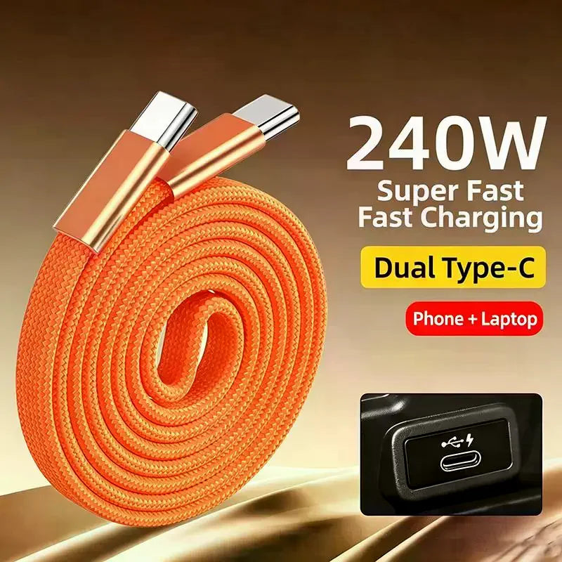 240W USB-C to USB-C Fast Charging Cable — Durable Braided Cord for Laptops and Phones
