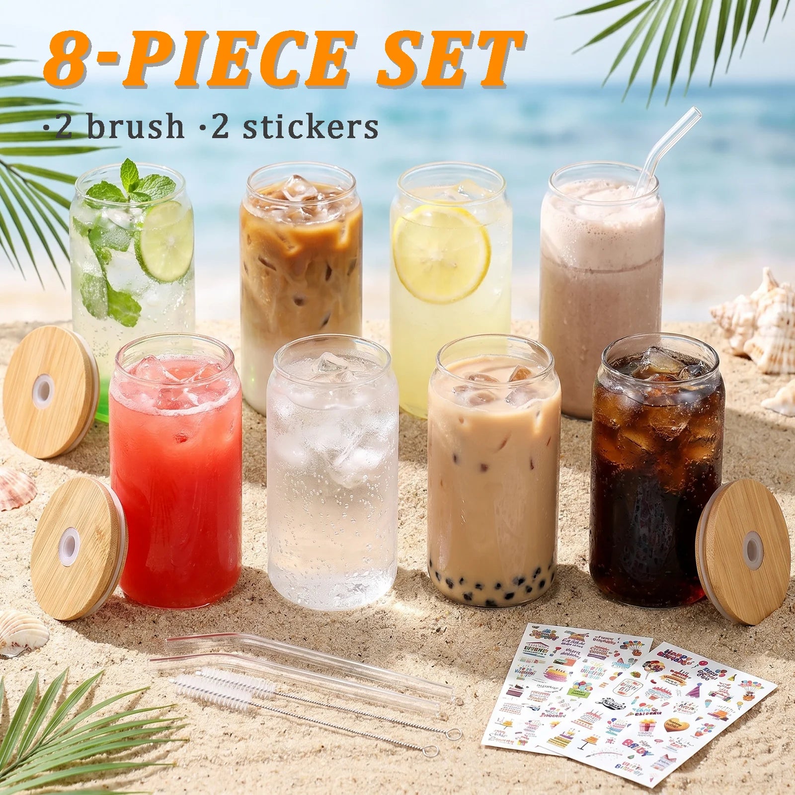 Glass Tumbler Set with Bamboo Lids — Reusable Iced Coffee Cups & Straws