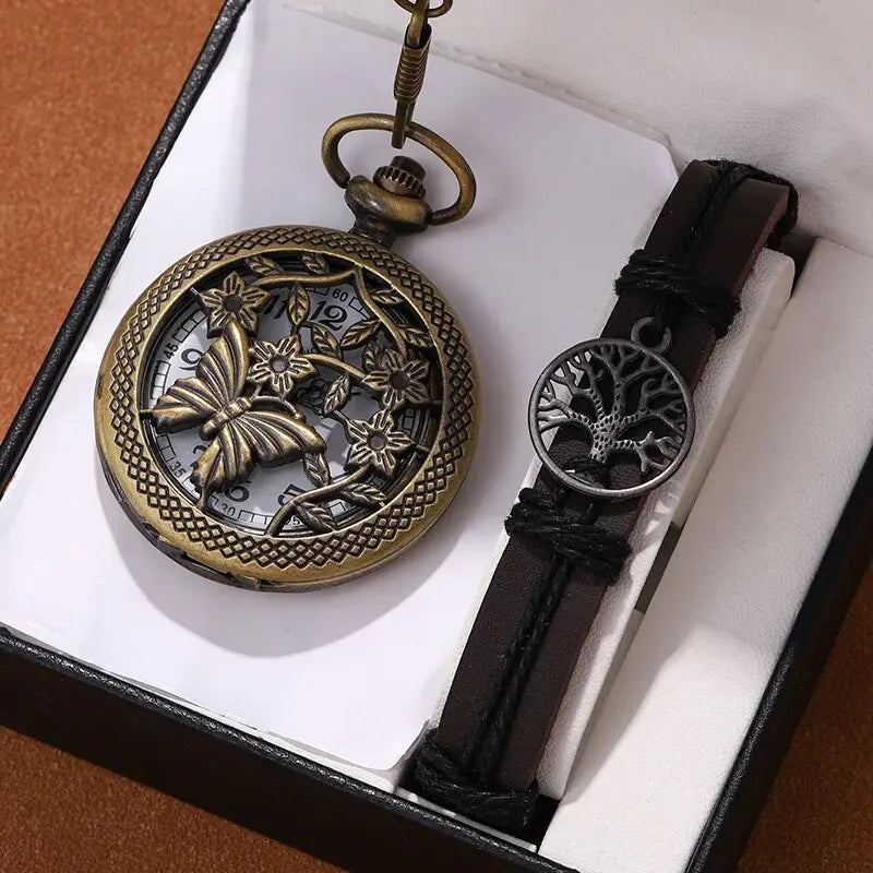 DEYROS Butterfly Carved Quartz Pocket Watch — Elegant Necklace Pendant with Fob Chain