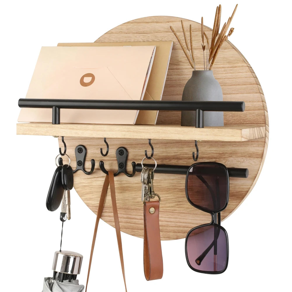 Wooden Wall-Mounted Key Holder — Mail Organizer with Decorative Shelf