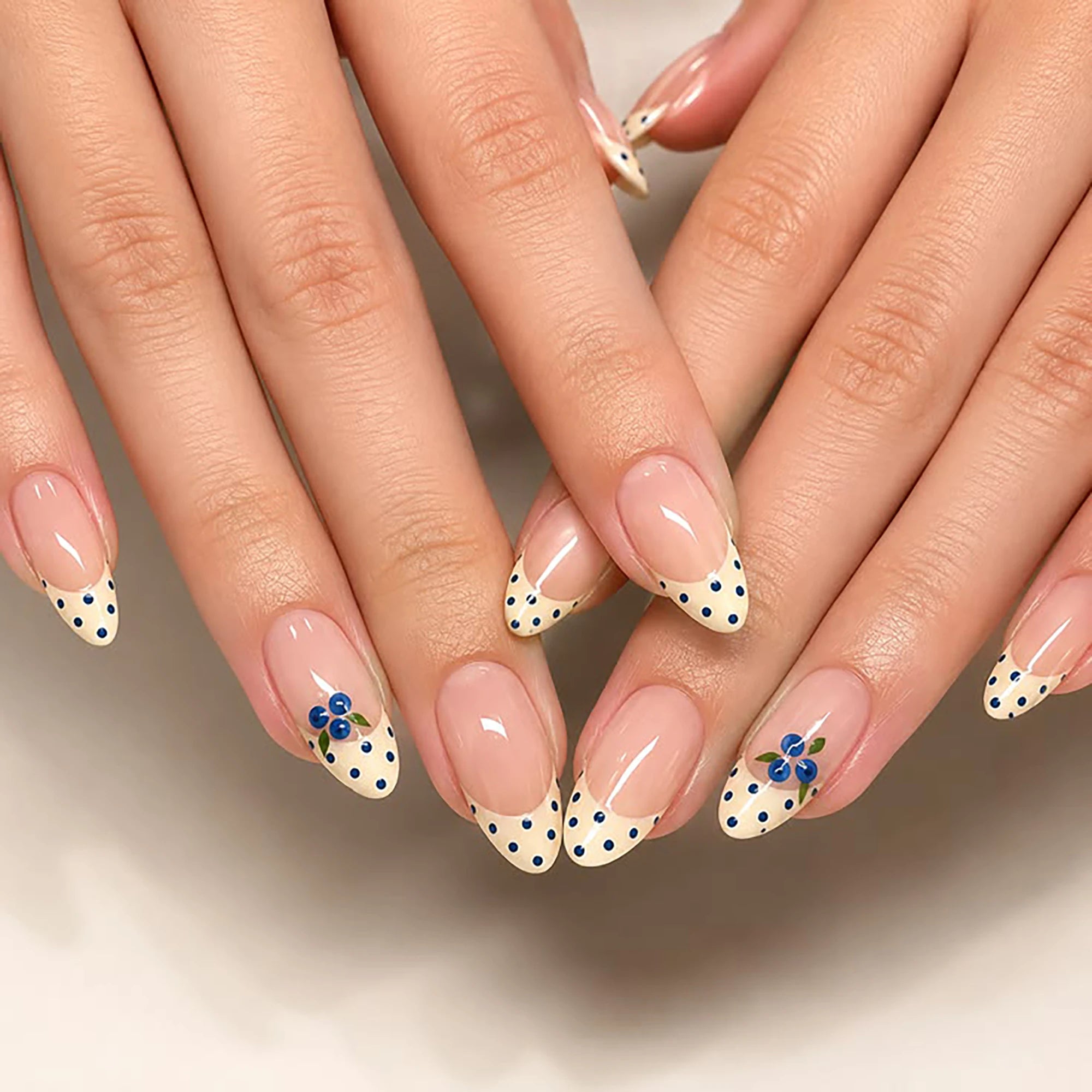 Almond Press-On Nails — Yellow Polka Dot & Blue Berry Design, 24pcs