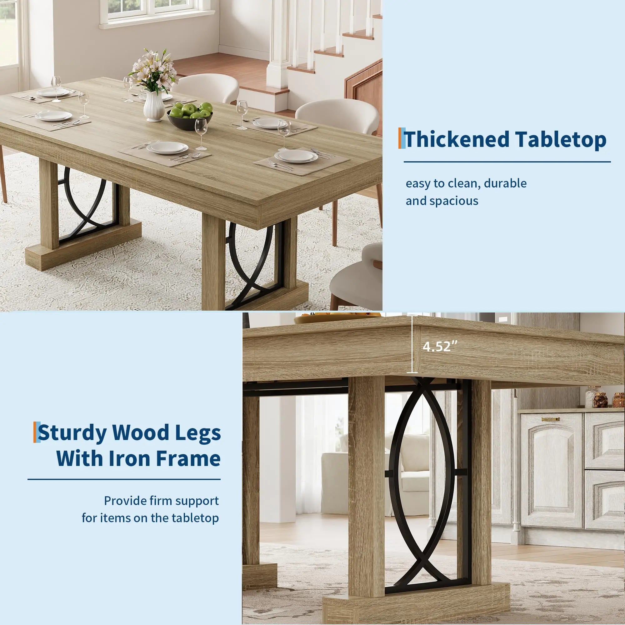 HiMISS 71 Inch Rustic Dining Table — Large Wood Kitchen Table with Storage