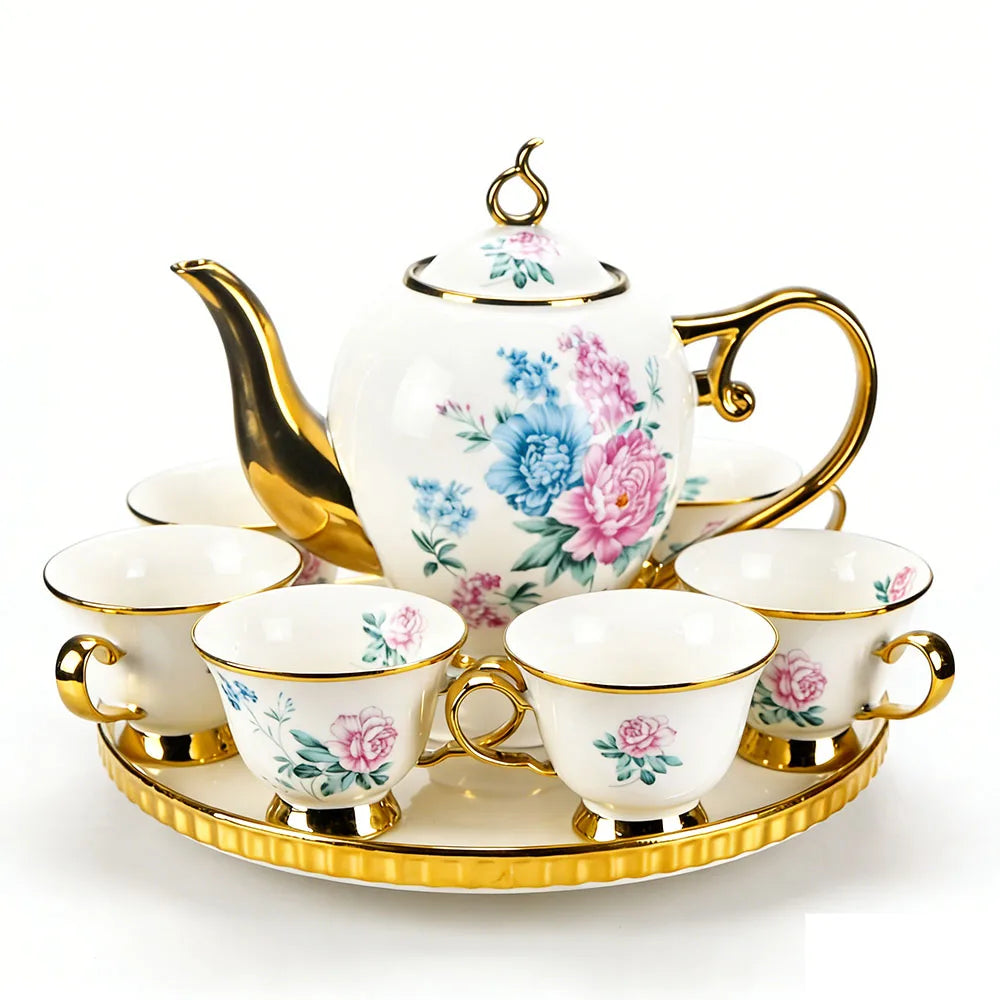 Vintage Floral Porcelain Tea Set — 8-Piece Ceramic Set with Gold Trim