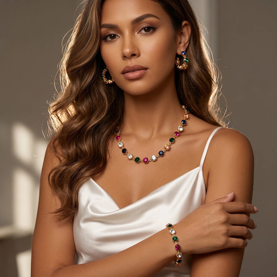 Obega Luxury Rhinestone Jewelry Set — Colorful Necklace, Bracelet & Earrings