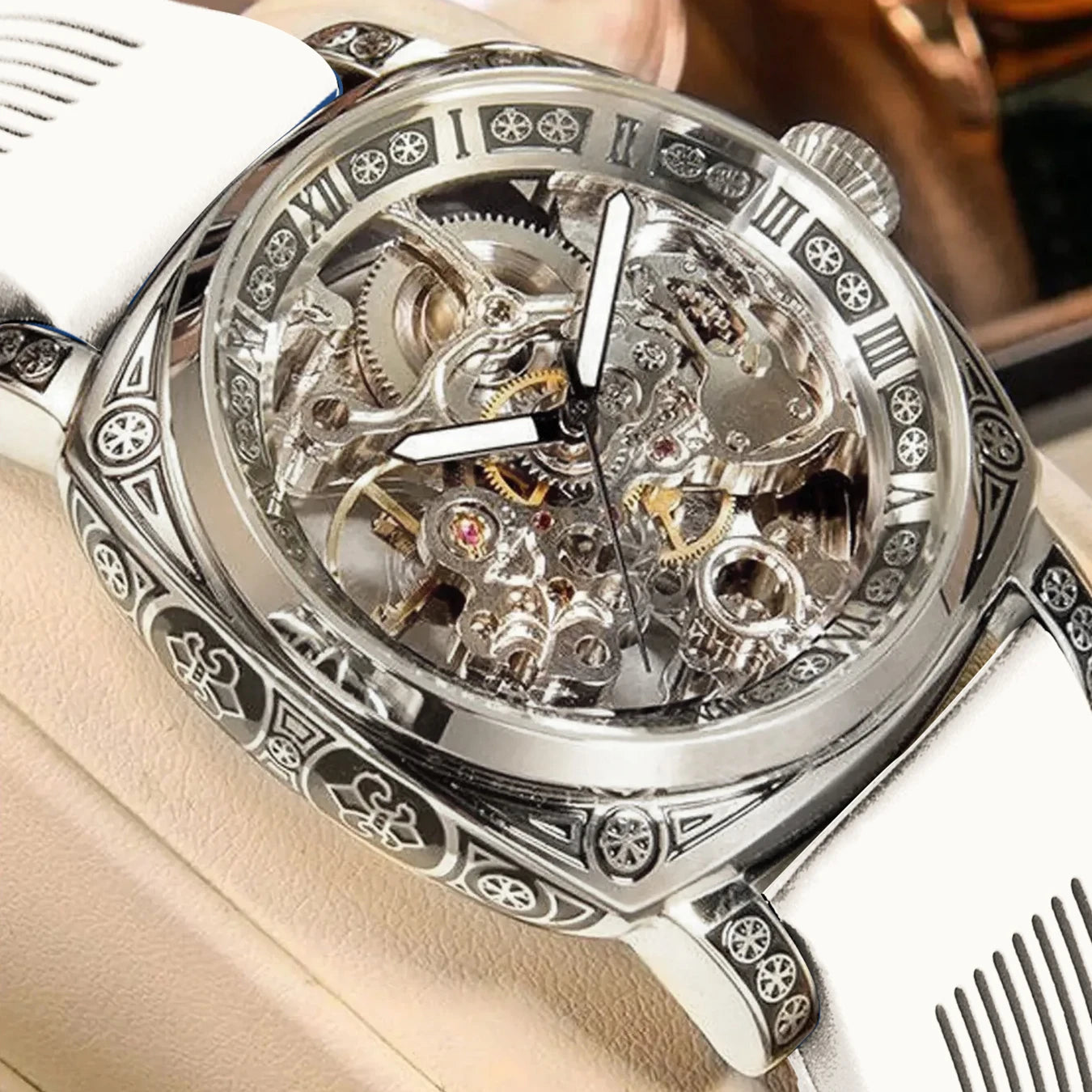 MEIRUIQI Men's Automatic Tourbillon Watch — Luminous Carved Mechanical Timepiece