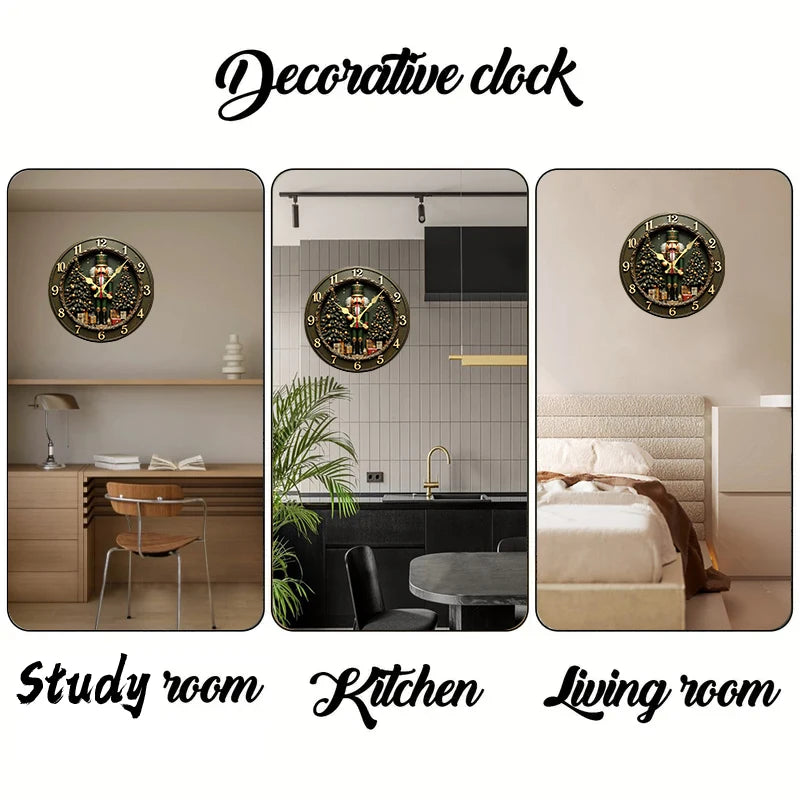 Nutcracker Wooden Wall Clock — Silent Round Holiday Decor