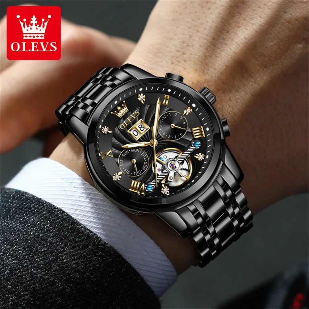 OLEVS Classic Men's Automatic Watch — Luxury Skeleton Tourbillon Design