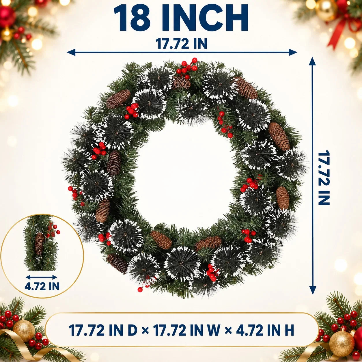 Pre-Lit Artificial Christmas Wreath — Warm White LED Lights & Red Berries