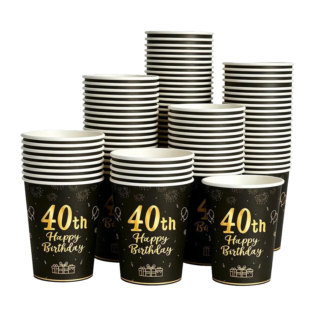 PartiesTour Black and Gold Disposable Paper Cups — Elegant Birthday Party Supplies