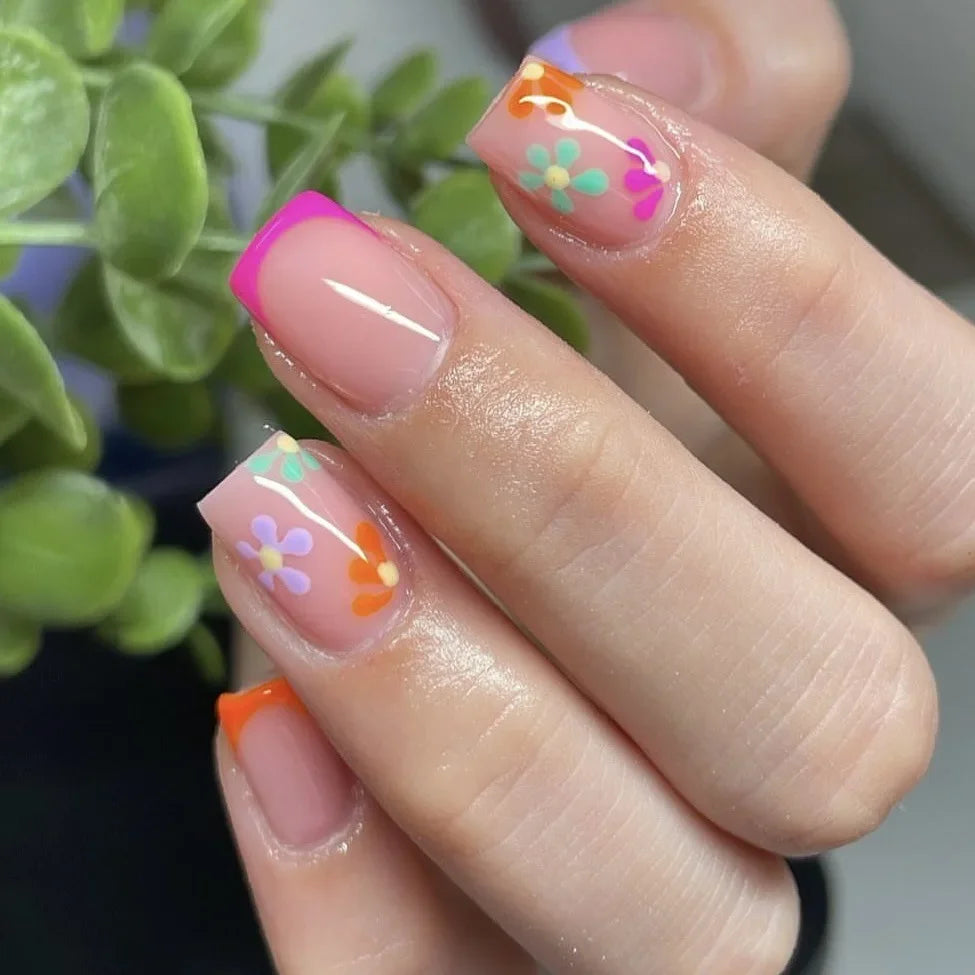 Pink Floral Press-On Nails — Short Almond French Tip Fake Nail Set