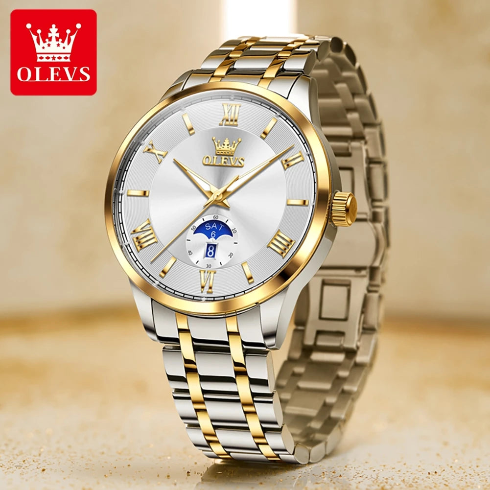 OLEVS 3638 Luxury Men's Quartz Watch — Stainless Steel with Day Date Display