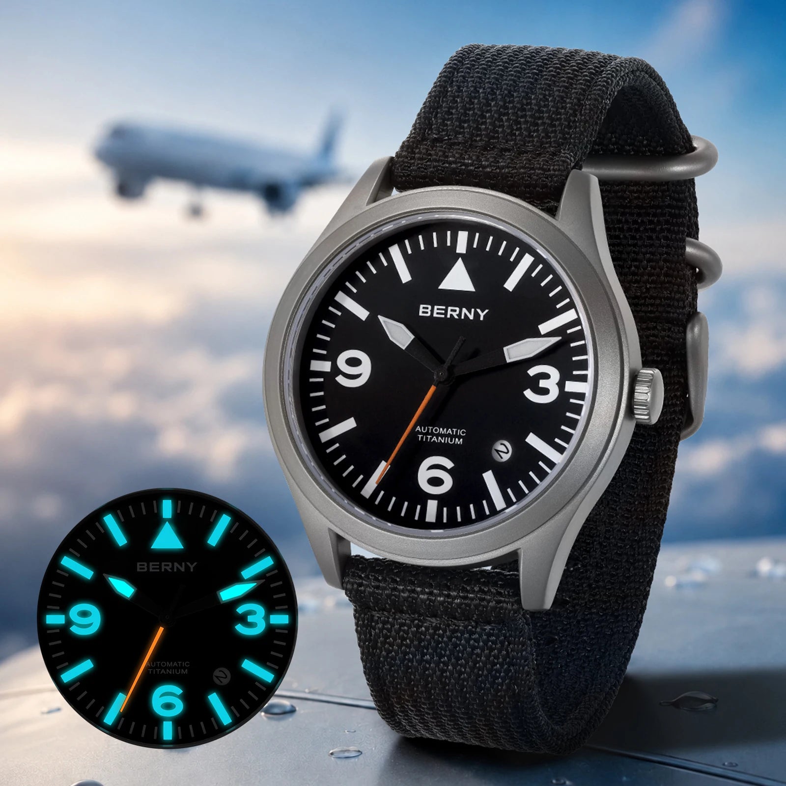 BERNY Full Titanium Automatic Watch — Sapphire Glass & Luminous Aviation Style