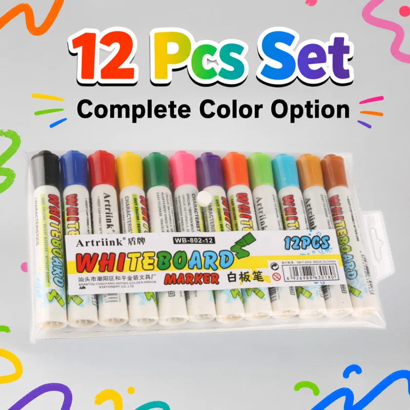 Artriink Dry-Erase Whiteboard Markers — 12 Vibrant Colors for Office and School