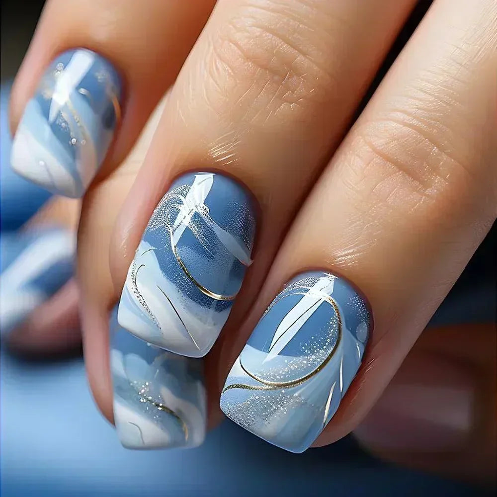 Qsezeny French Tip Press On Nails — Short Coffin Style Frosted Fake Nails