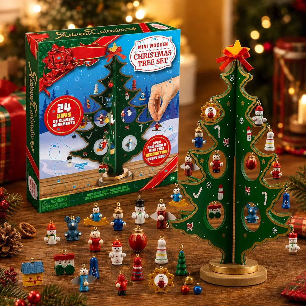 Joyfy Christmas Advent Calendar — Wooden Tabletop Tree with 28 Ornaments