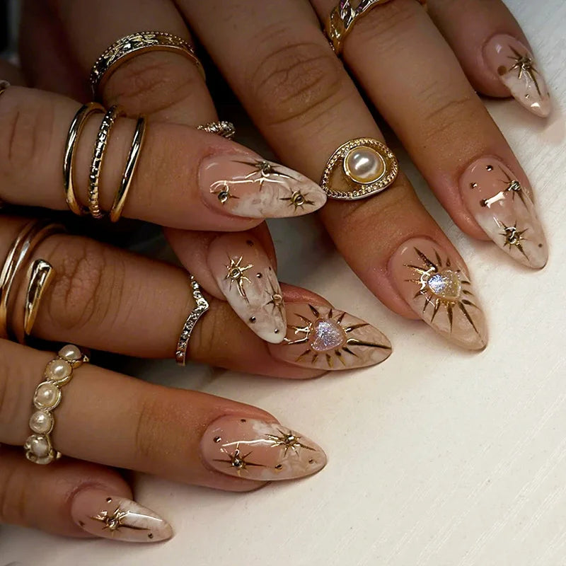 Qsezeny Short Almond False Nails — Black Edge French Press On Set
