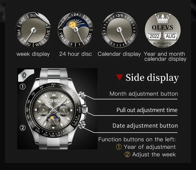 OLEVS Automatic Mechanical Watch — Luxury Moon Phase & Date Display