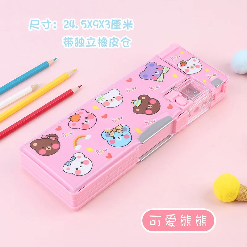 Pink Double Sided Pencil Case — Stationery Box with Built-in Sharpener
