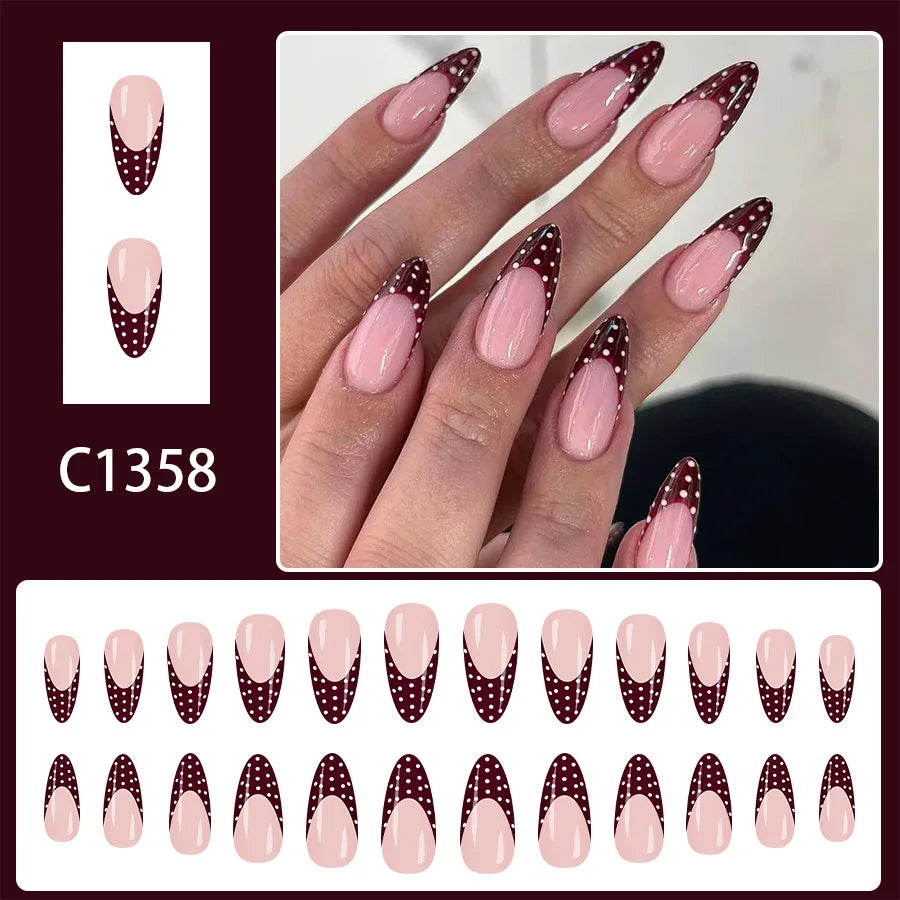 Red and White Polka Dot Press On Nails — Almond Shape Glossy Fake Nails