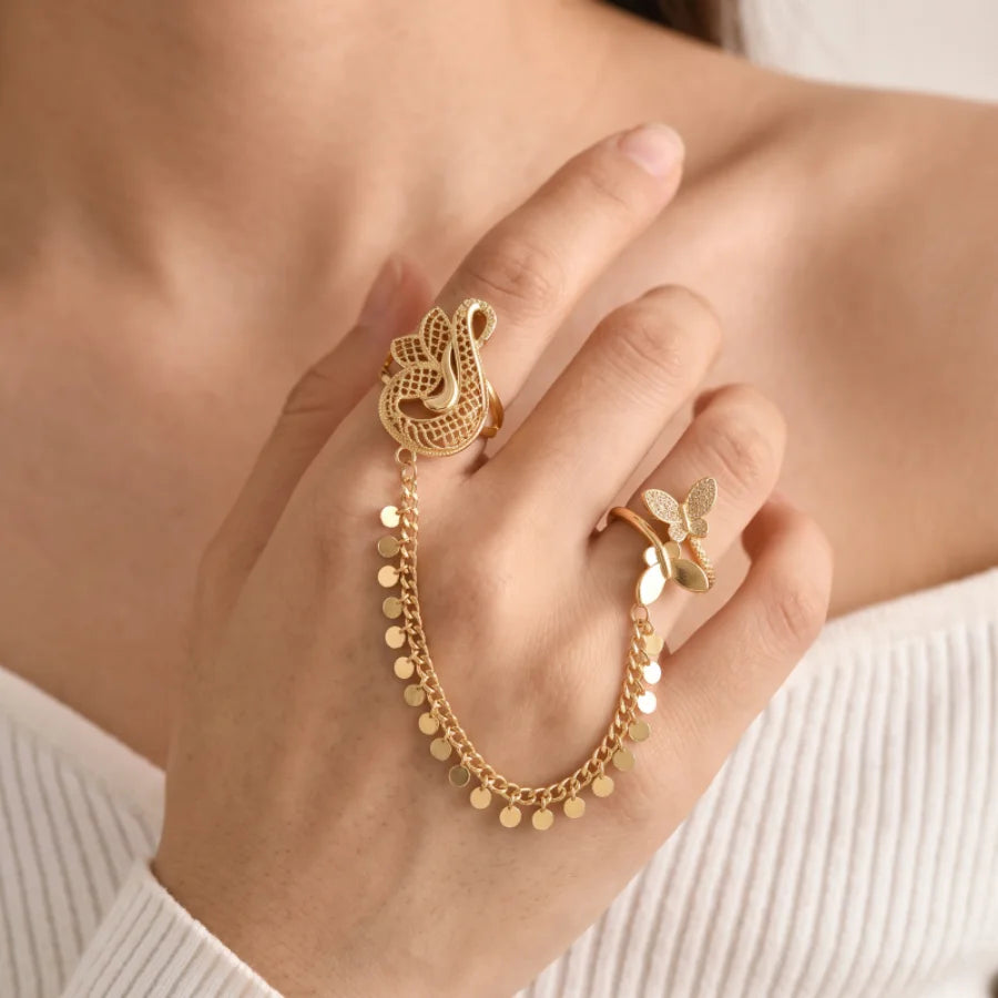 Obega Boho Ethnic Two-Finger Statement Ring — Filigree Butterfly & Peacock Design