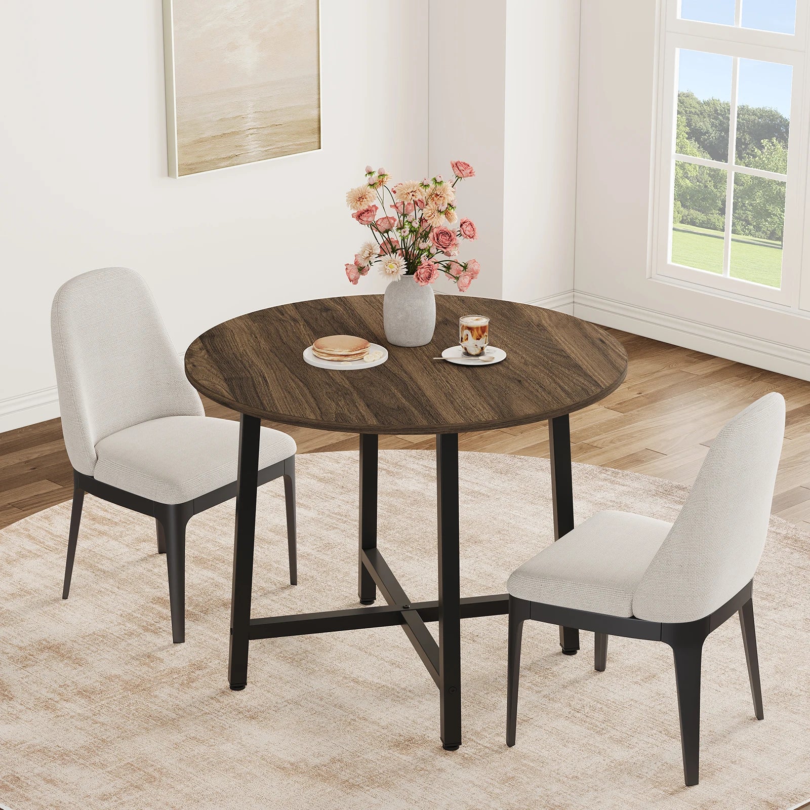 Round Dining Table — Industrial Farmhouse Wood Kitchen Table, Black Walnut Brown