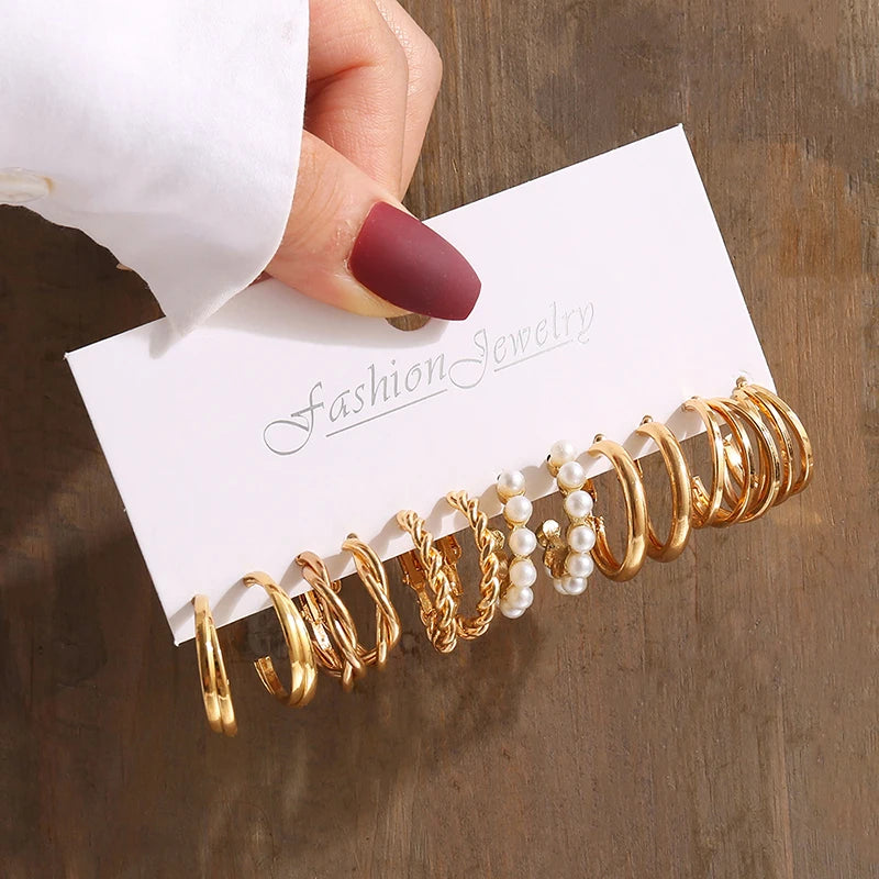 Vintage Geometric Pearl Earrings Set — Gold Tone Dangle & Stud Jewelry