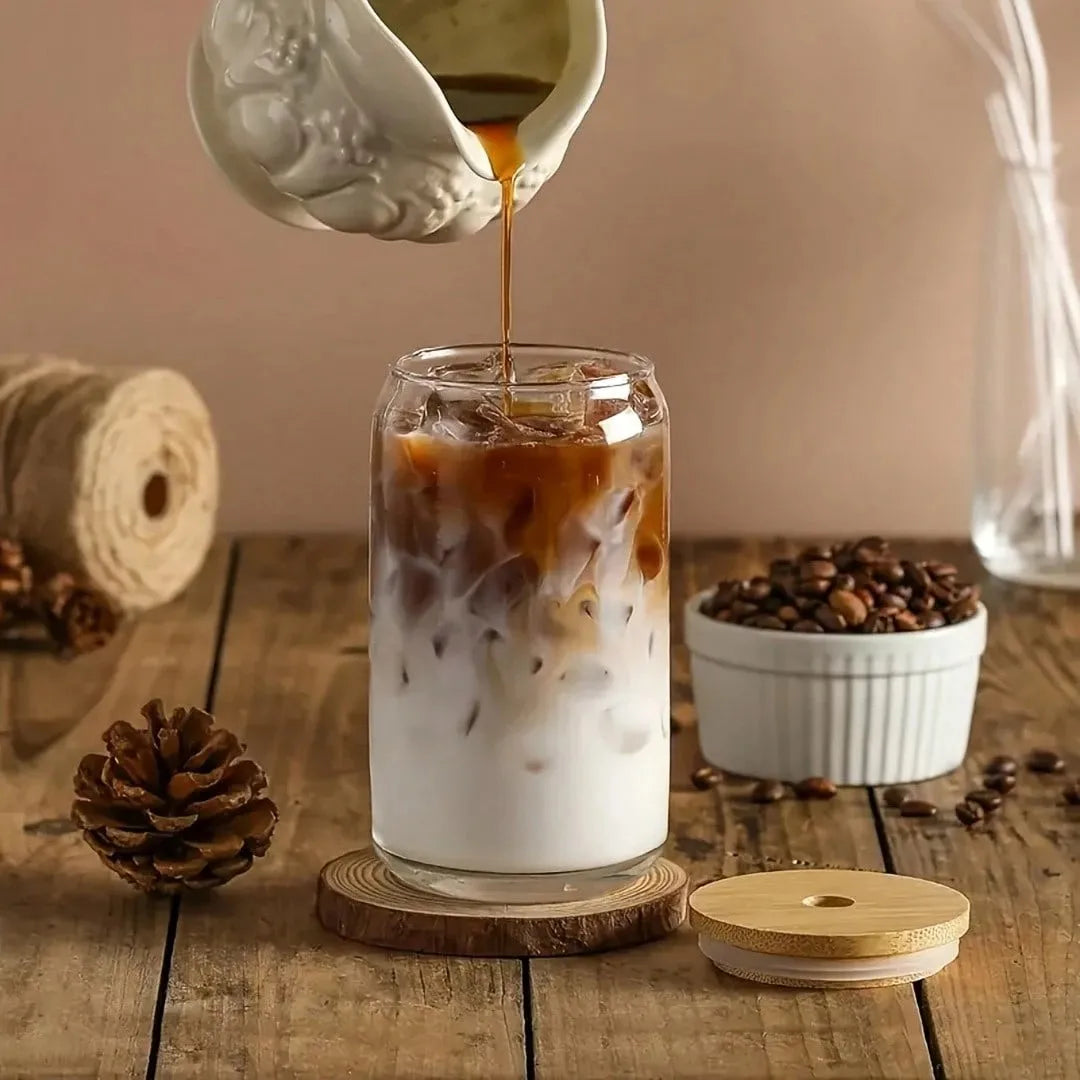Glass Drinking Cup Set — 16oz Glasses with Bamboo Lids and Glass Straws