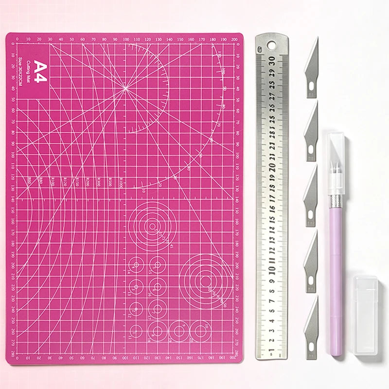 Pink Craft Cutting Mat Set — Precision DIY Tool Kit with Knife and Ruler