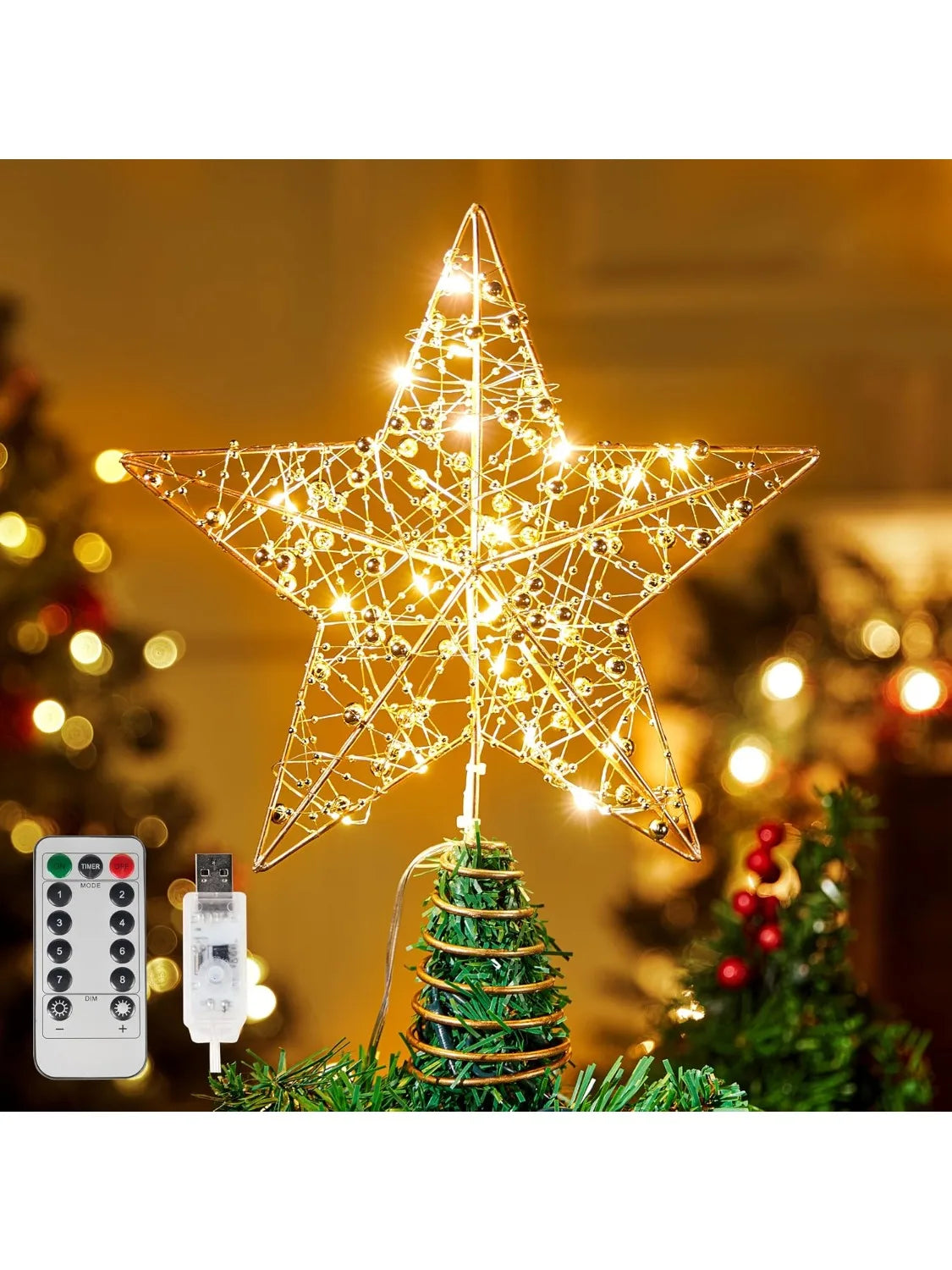 Golden Metal Beaded Star Tree Topper — LED Warm White Lights & Remote Control