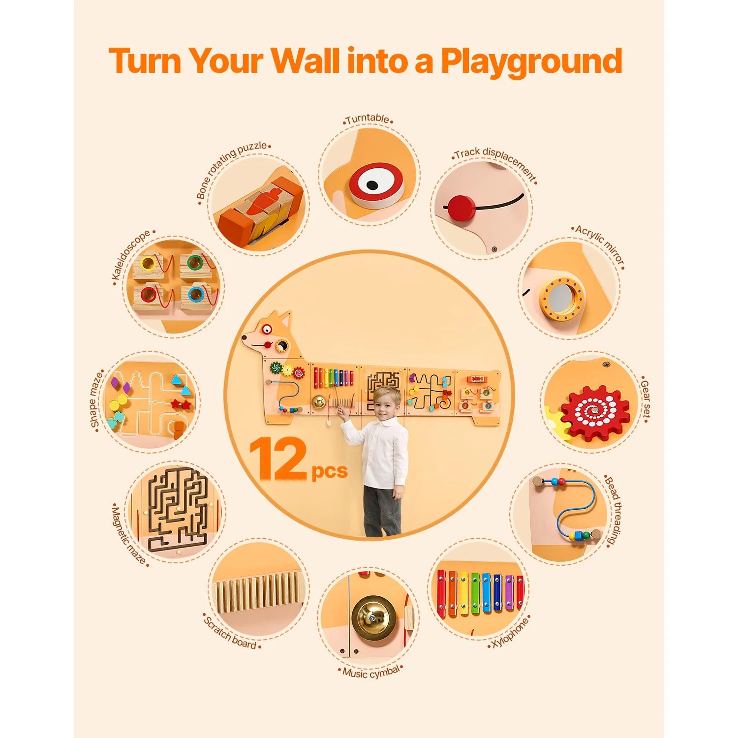 SucceBuy Puppy Kids Wall Busy Panels — 12 Activity Montessori Sensory Board