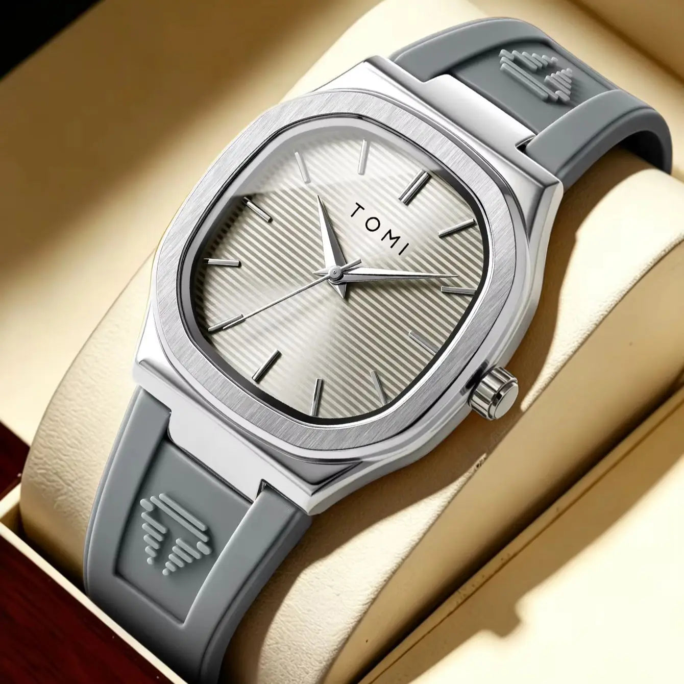 TOMI Men's Quartz Watch — Luxury Square Dial with Rubber Strap
