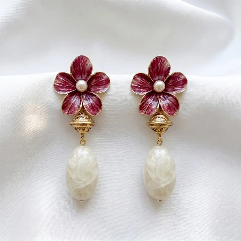 Obega Vintage Floral Enamel Drop Earrings — Romantic White Bead Dangle Jewelry