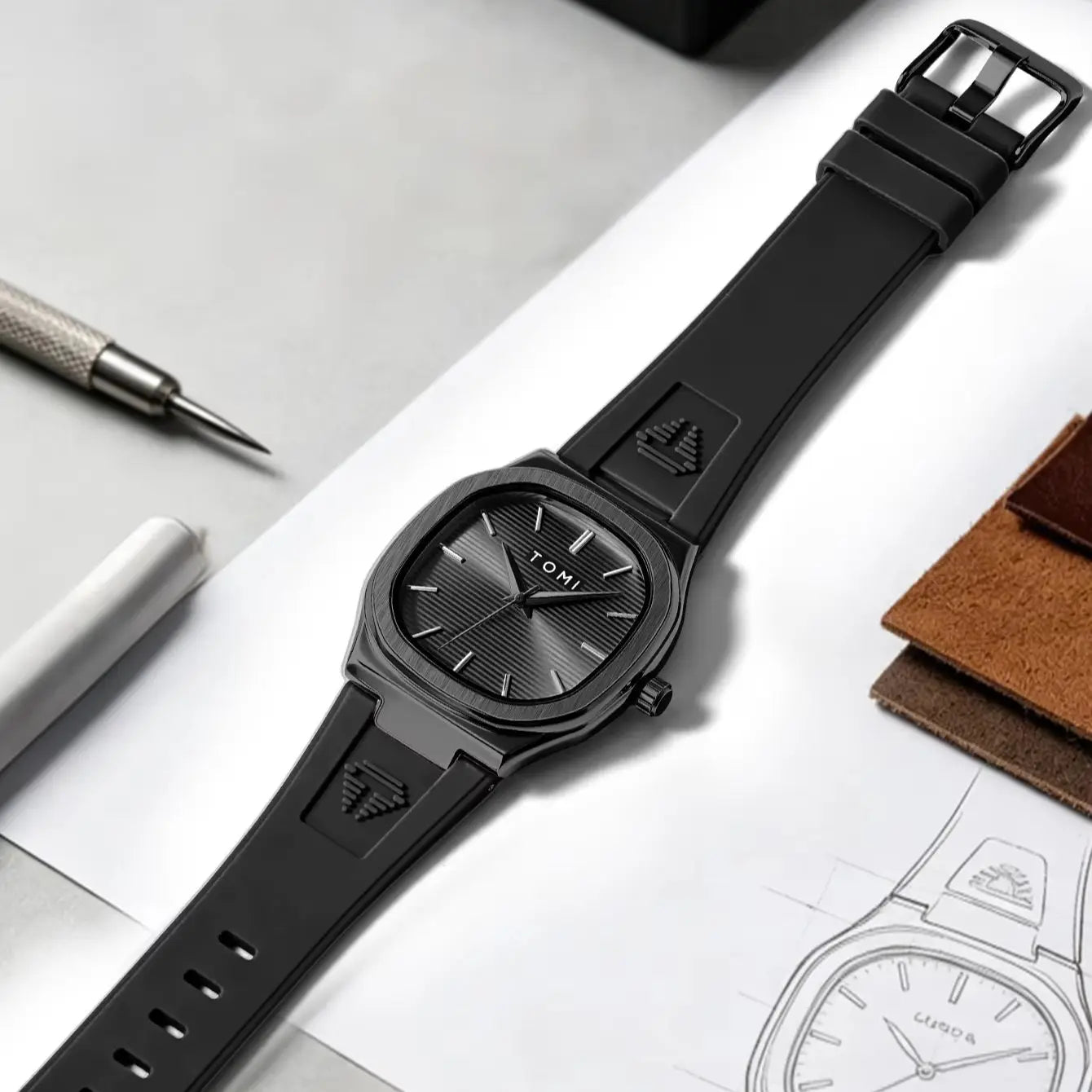 TOMI Men's Quartz Watch — Luxury Square Dial with Rubber Strap