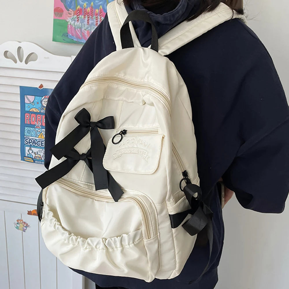 Cute Bow Canvas Backpack — Stylish College Style School Bag for Women