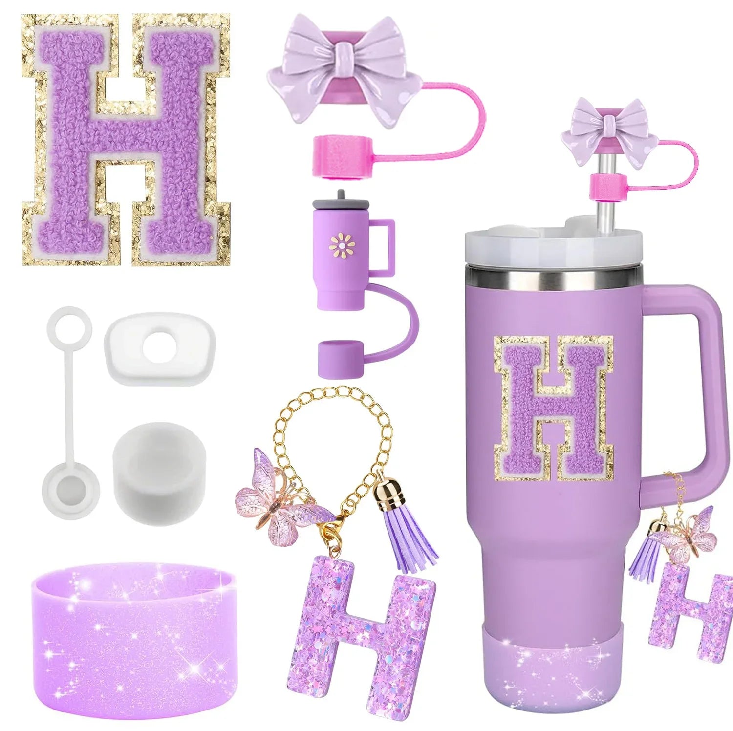 8-Piece Purple Tumbler Accessory Set — Silicone Straw Topper & Personalized Charms
