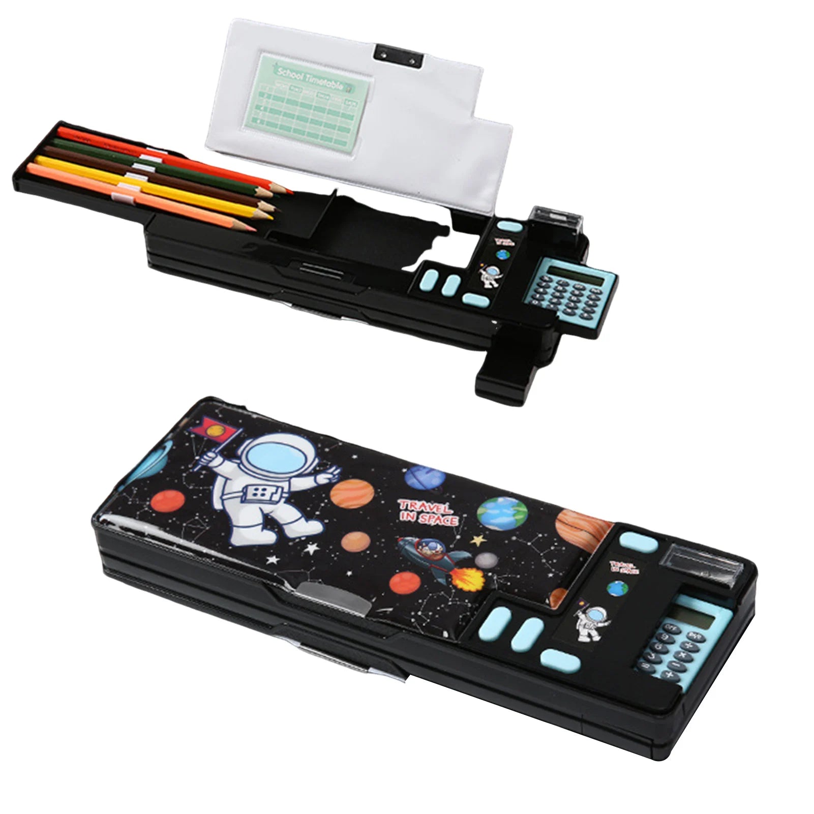 Multifunctional Cartoon Pencil Case — Built-in Calculator & Sharpener