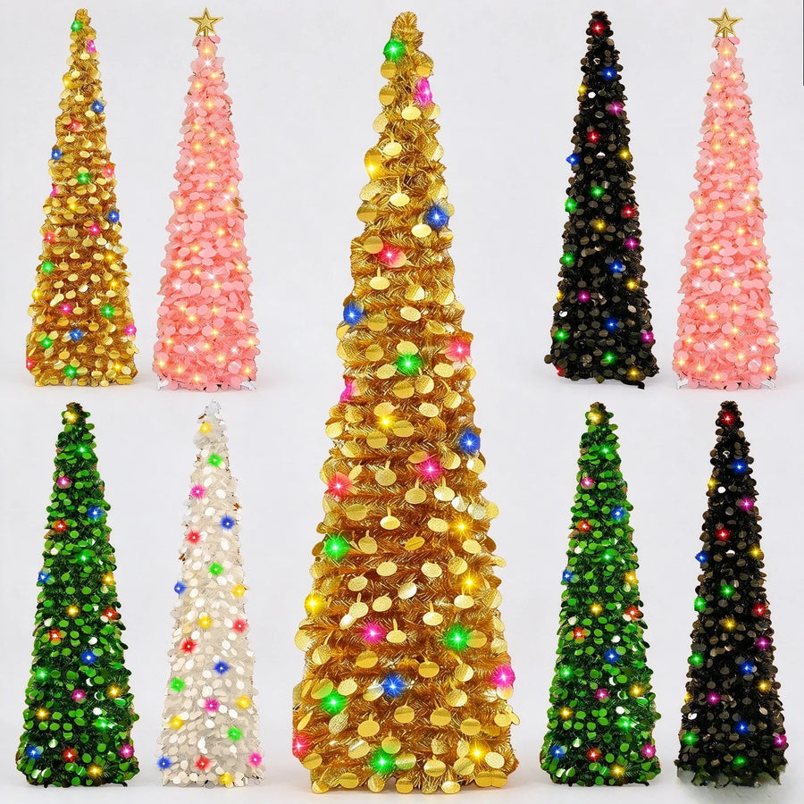 Garvee 5FT Slim Tinsel Christmas Tree — Pre-Lit LED Pencil Tree for Small Spaces