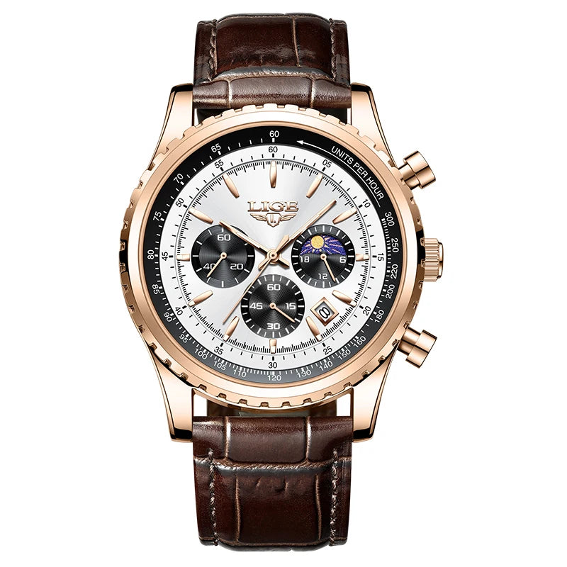 LIGE Luxury Men's Quartz Watch — Waterproof Leather Sport Chronograph