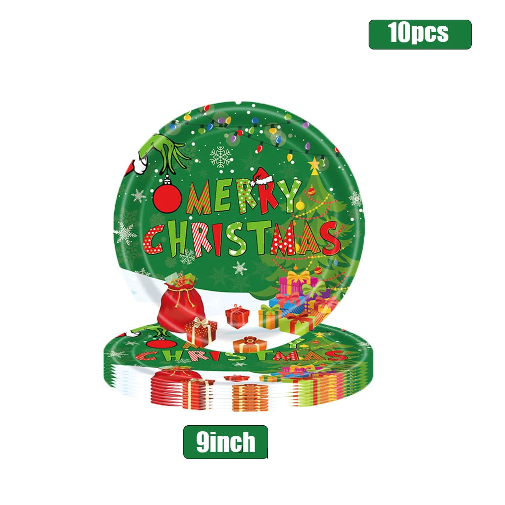 Festive Green Christmas Tableware Set — Disposable Party Supplies