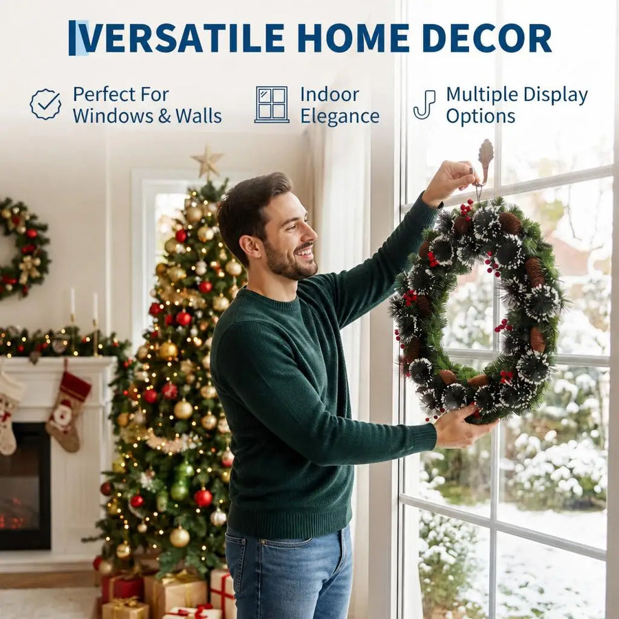 Illuminated Artificial Fir Christmas Wreath — Festive LED Decor with Berries and Pine Cones