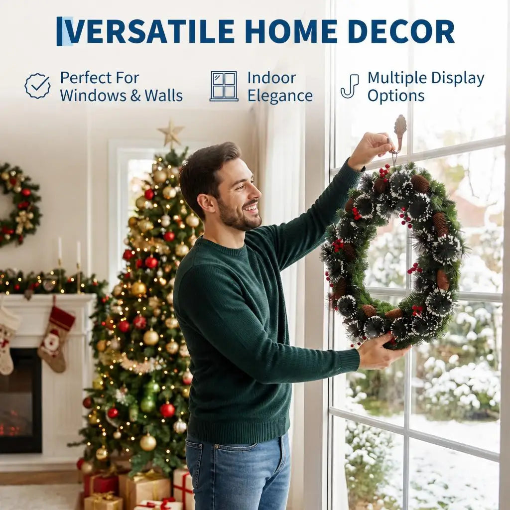 Illuminated Artificial Fir Christmas Wreath — Festive LED Decor with Berries and Pine Cones