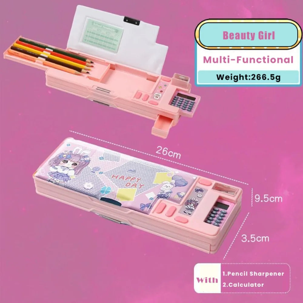 Multifunctional Plastic Pencil Case — Built-in Calculator and Sharpener
