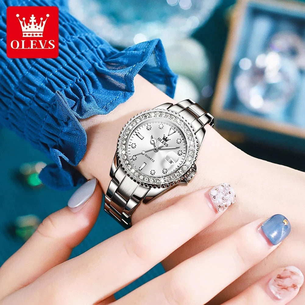 OLEVS Diamond Dial Quartz Watch — Elegant Stainless Steel Ladies Wristwatch