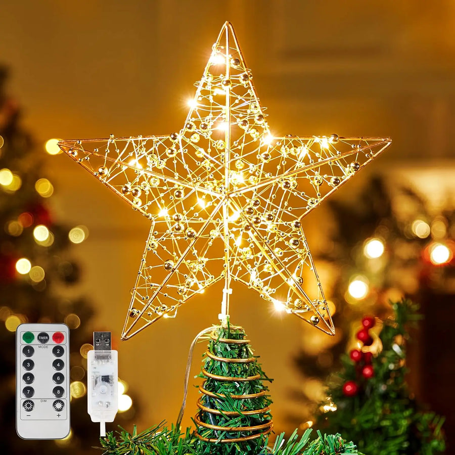 Golden Metal Beaded Star Tree Topper — LED Warm White Lights & Remote Control
