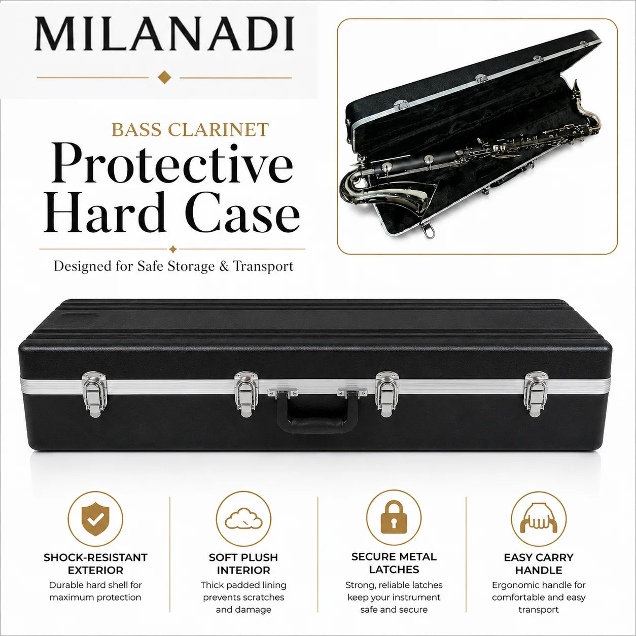 MILANADI M1994 Professional Bass Clarinet — ABS Body with Silver Plated Keys