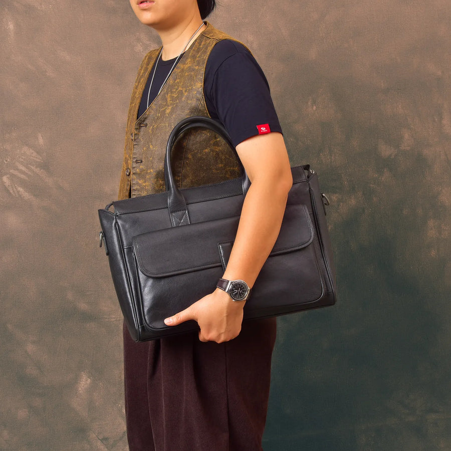 pndme Genuine Leather Briefcase — Luxury Business Laptop Bag, Black